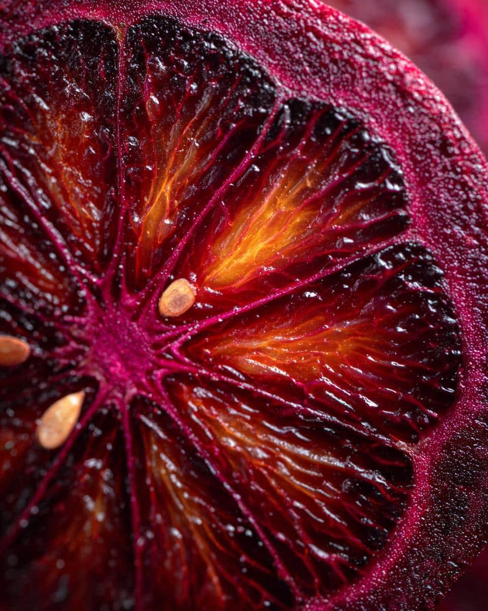 Beet and Orange Salad: 3 Secrets to a Blissful Taste 9 Detailed close-up of a vibrant blood orange slice, showcasing its deep red color and juicy texture for a Beet and Orange Salad.