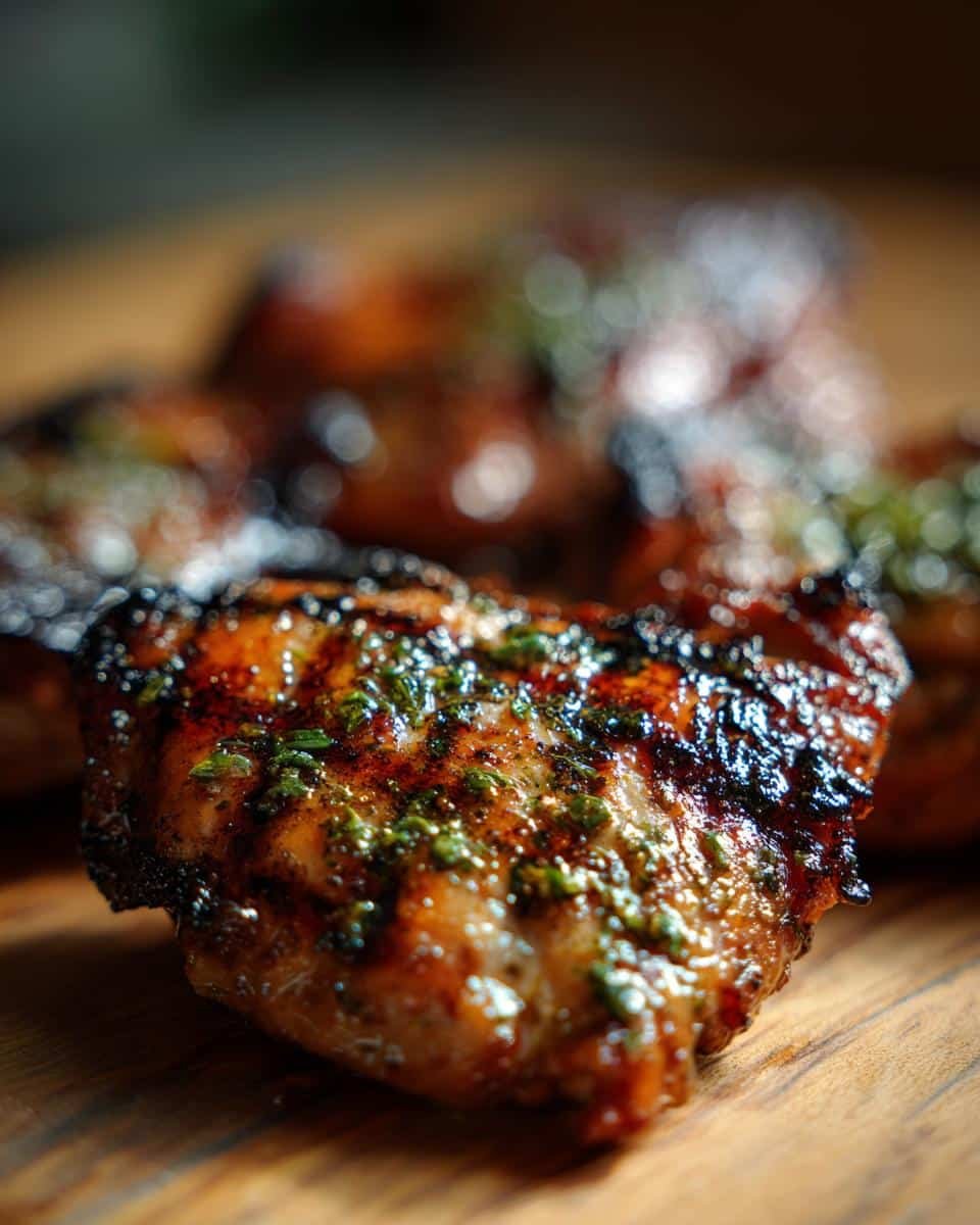 Bobby Flay Chicken Thighs: 30-Minute, Unbelievable Flavor 6 Close-up of Bobby Flay Chicken Thighs with herbs, showing the juicy, flavorful glaze on a wooden surface.