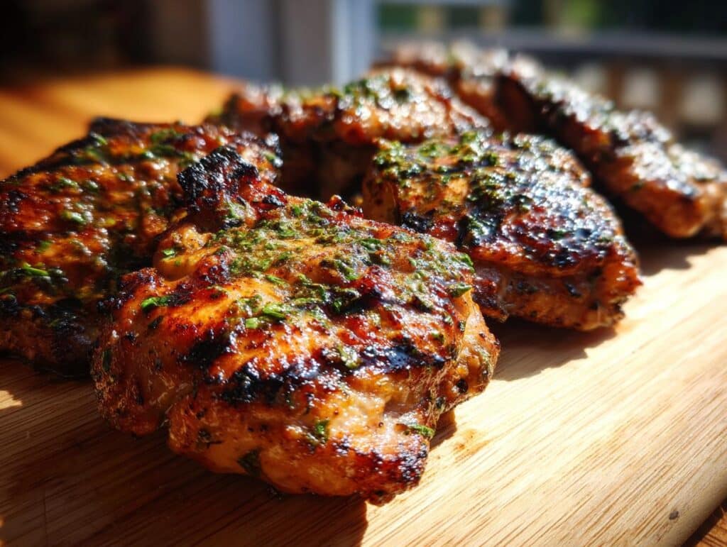 Close-up of Bobby Flay Chicken Thighs, grilled and seasoned with herbs, on a wooden cutting board.