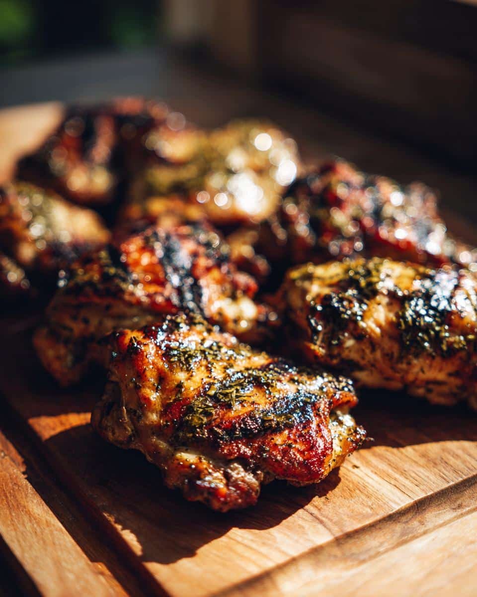 Bobby Flay Chicken Thighs: 30-Minute, Unbelievable Flavor 8 Close-up of grilled Bobby Flay Chicken Thighs seasoned with herbs on a wooden cutting board.