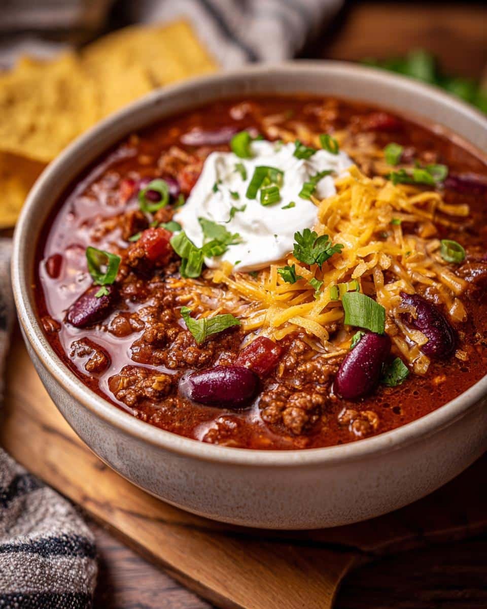 Unbelievable Creamy Mexican Champurrado Recipe in 10 Mins 7 A bowl of chili topped with sour cream, shredded cheese, and green onions. Not a Creamy Mexican Champurrado Recipe.