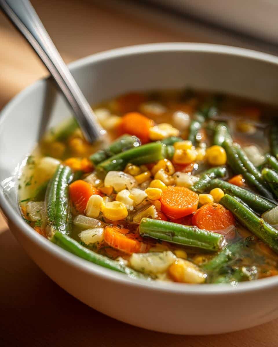 Disgustingly Delicious Vegetable Soup in Just 4 Steps 6 Close-up of a bowl of Vegetable Soup with carrots, green beans, and corn.