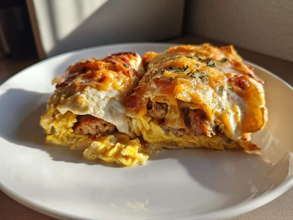 Two breakfast enchiladas with sausage gravy on a white plate, featuring eggs, cheese, and herbs.