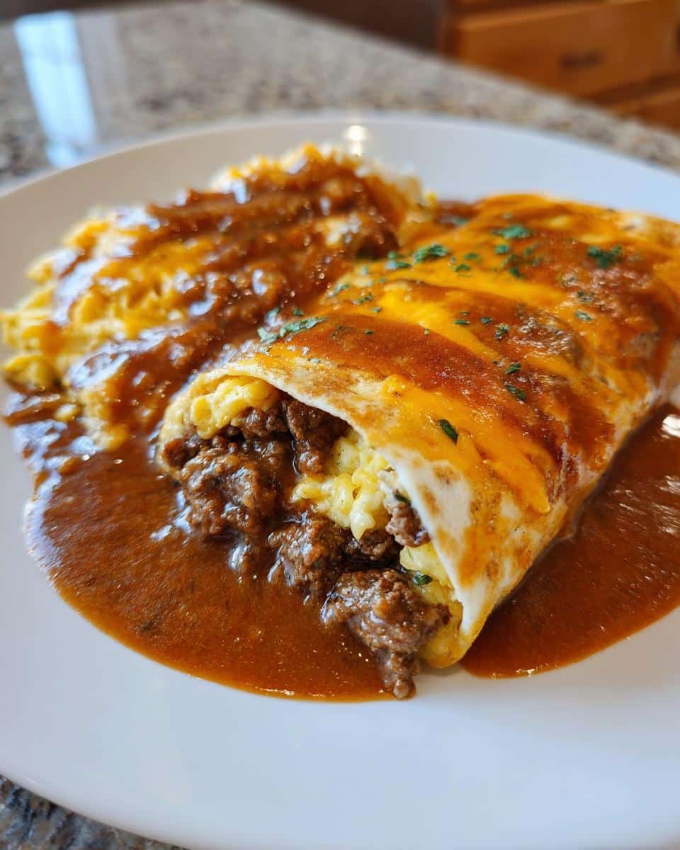 Heavenly Breakfast Enchiladas With Sausage Gravy in 45 7 Breakfast Enchiladas with Sausage Gravy plated, showing the filling and gravy topping.