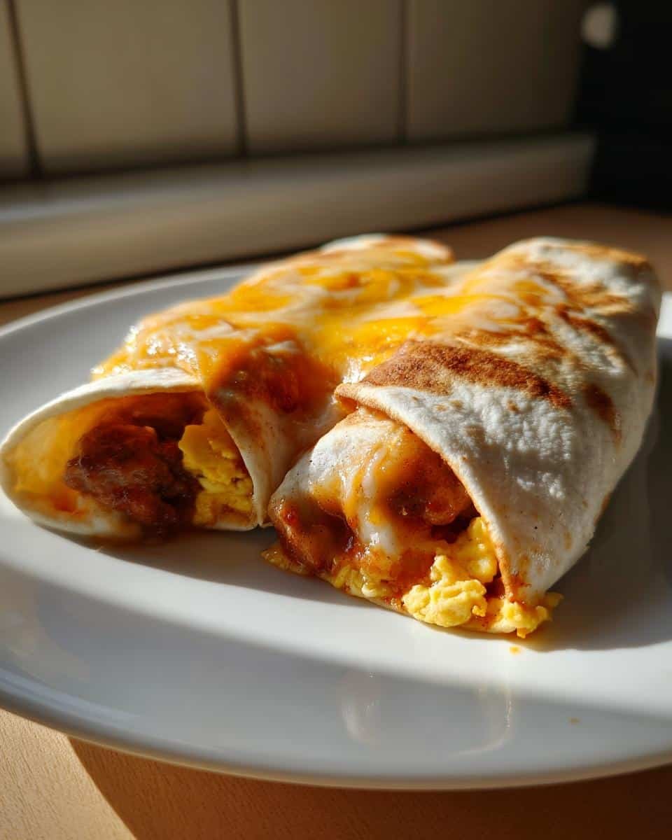 Heavenly Breakfast Enchiladas With Sausage Gravy in 45 8 Two Breakfast Enchiladas with Sausage Gravy on a white plate, filled with scrambled eggs and topped with melted cheese.