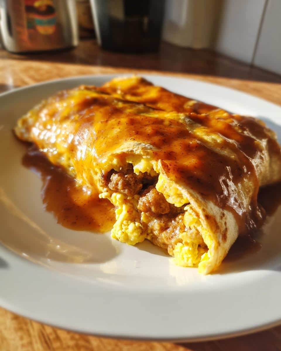 Heavenly Breakfast Enchiladas With Sausage Gravy in 45 9 Two Breakfast Enchiladas with Sausage Gravy on a white plate, filled with scrambled eggs and sausage.