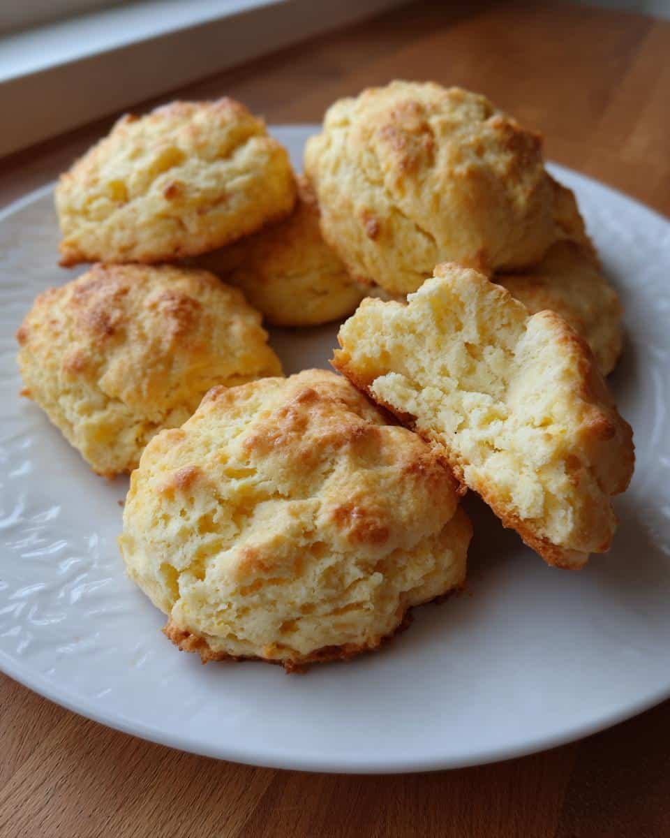 Bake 12 Amazing Breakfast Protein Biscuits Today 7 A plate of golden Breakfast Protein Biscuits, one broken open to show the texture.