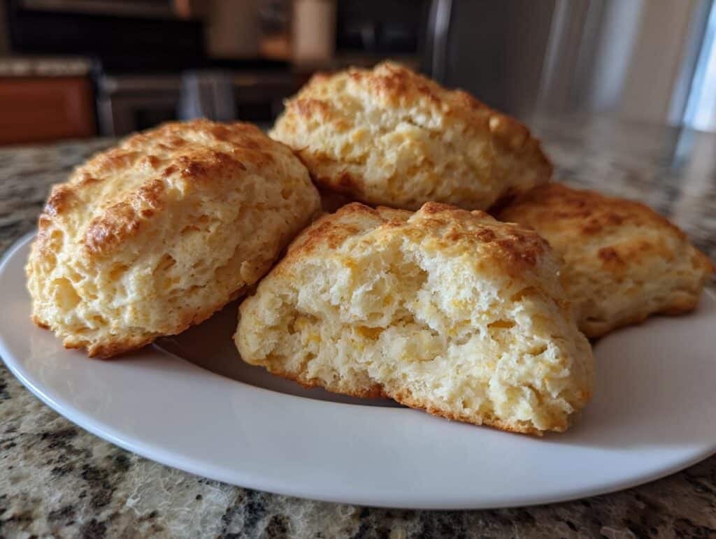 Four golden-brown Breakfast Protein Biscuits on a white plate, one biscuit is split open to show the inside.