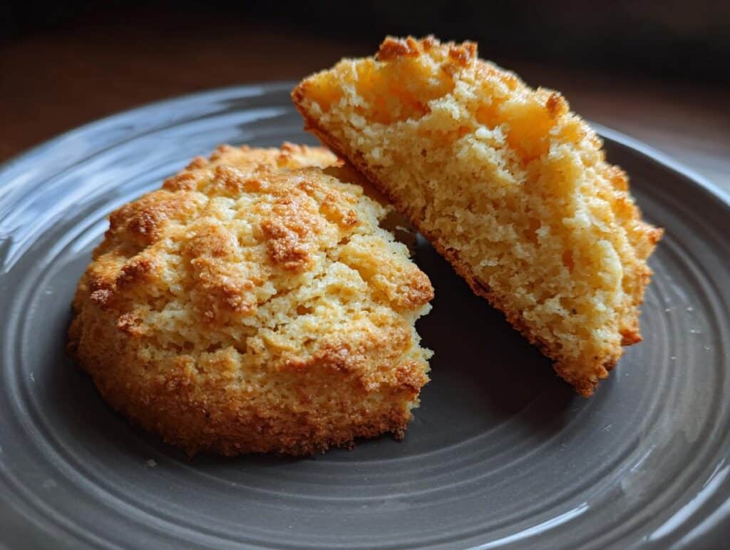 Two Breakfast Protein Biscuits on a plate, one cut in half to show the texture.