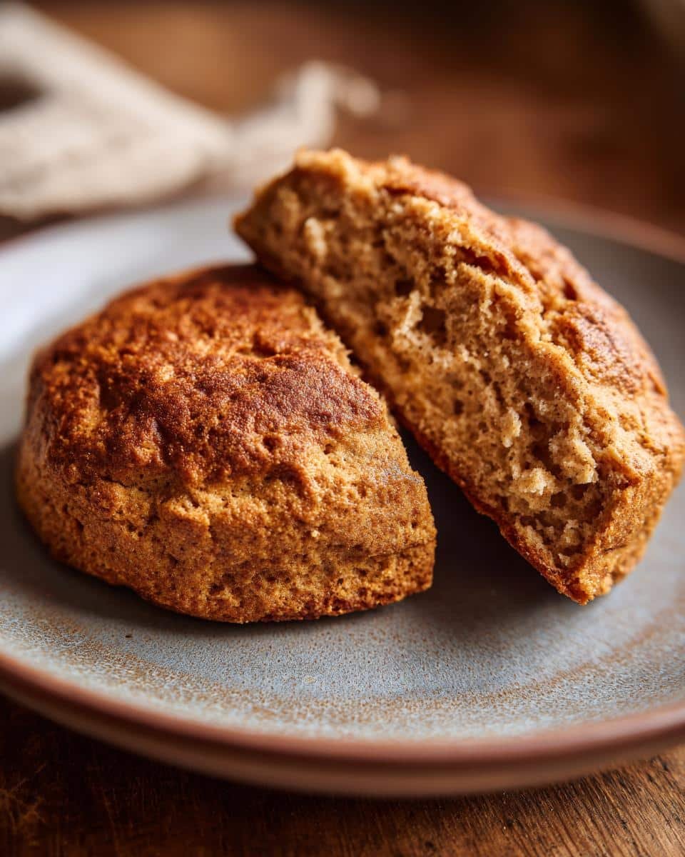 Amazing: Breakfast Protein Biscuits Recipe in 10 Minutes 7 Two breakfast protein biscuits on a plate, one cut in half to show the texture inside.