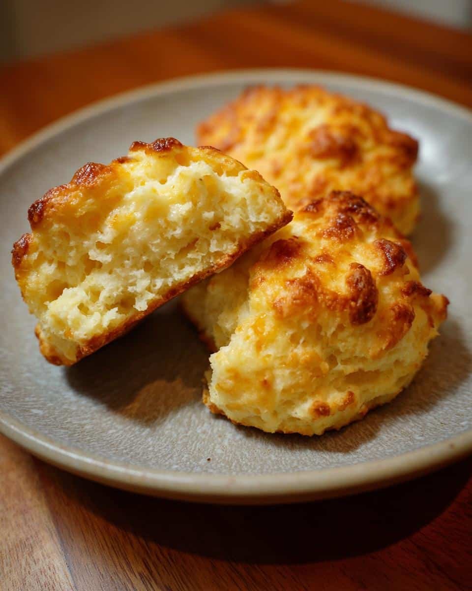 Amazing: Breakfast Protein Biscuits Recipe in 10 Minutes 8 Three golden breakfast protein biscuits on a gray plate, one biscuit is broken open to show the inside texture.