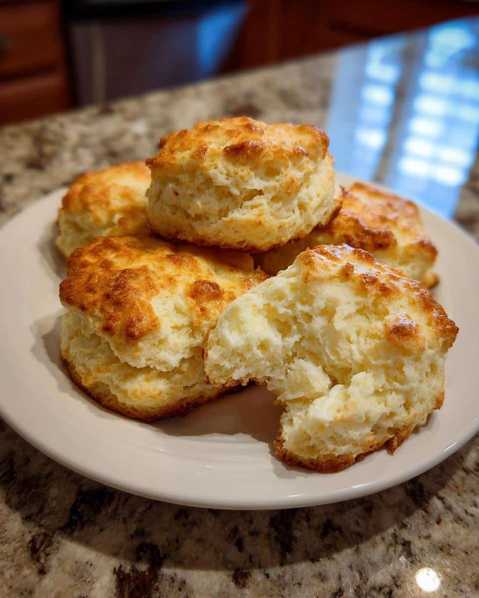 Bake 12 Amazing Breakfast Protein Biscuits Today 8 A plate of golden Breakfast Protein Biscuits, one with a bite taken out, showing the fluffy interior.