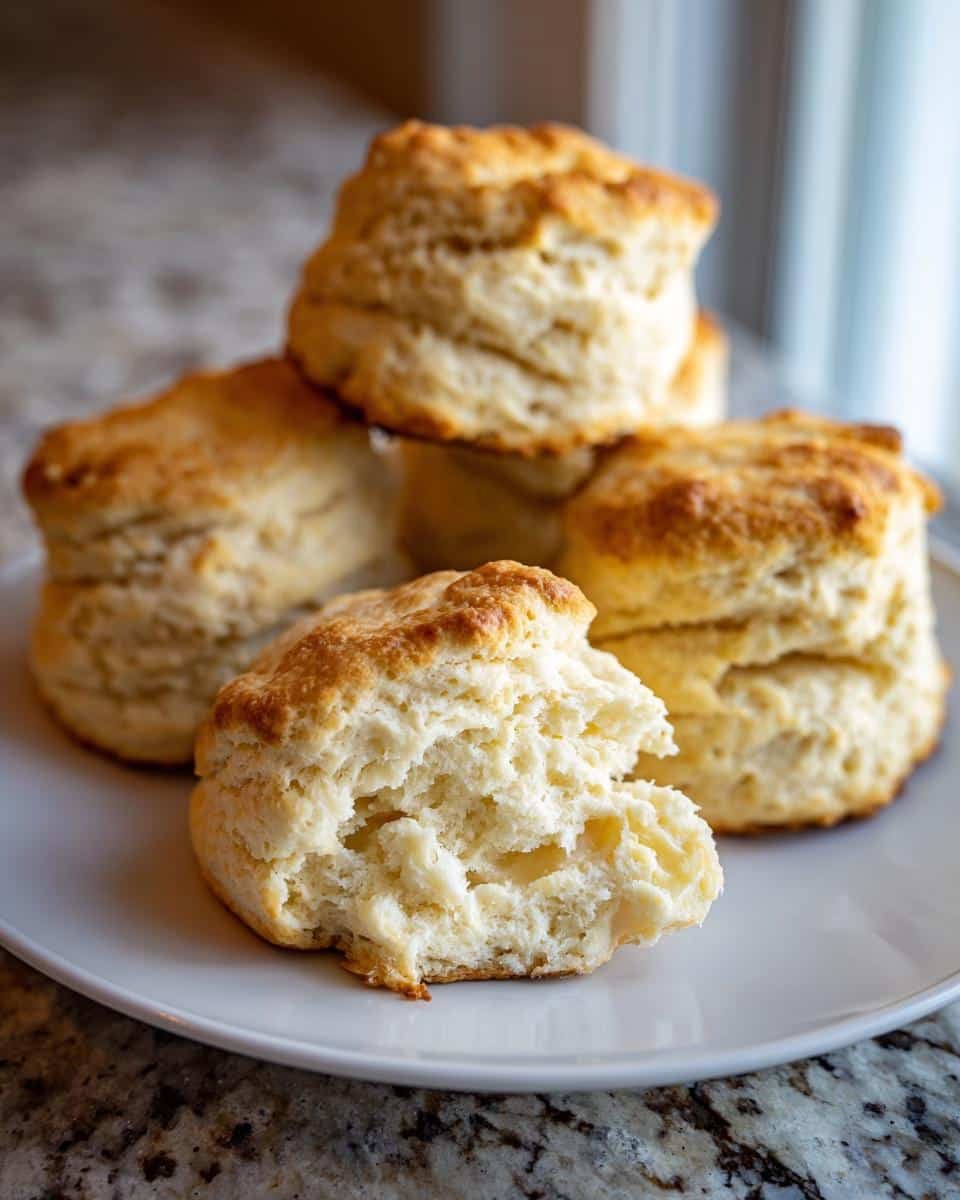 Bake 12 Amazing Breakfast Protein Biscuits Today 6 A stack of golden Breakfast Protein Biscuits on a white plate, one biscuit broken open to show the fluffy inside.