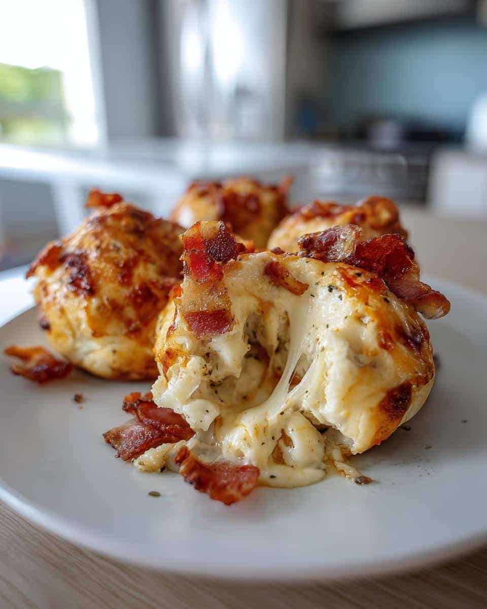 Devilish Buffalo Chicken Bacon Mozzarella Bombs: 12 Mins 6 Delicious Buffalo Chicken Bacon Mozzarella Bombs with a gooey cheese pull, topped with crispy bacon.