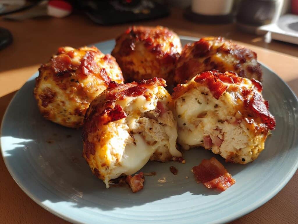 Buffalo Chicken Bacon Mozzarella Bombs on a blue plate, one cut open to show the melted mozzarella.
