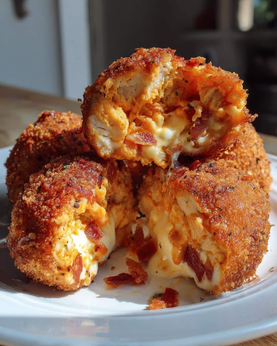 Devilish Buffalo Chicken Bacon Mozzarella Bombs: 12 Mins 8 Close-up of Buffalo Chicken Bacon Mozzarella Bombs, one cut open to show the cheesy, bacon filling.