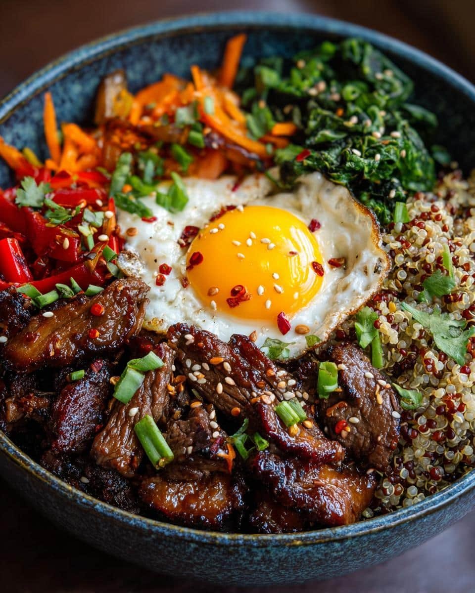 Bulgogi Bowls with Quinoa: A Ridiculously Easy Dinner 7 A vibrant Bulgogi Bowl with Quinoa, featuring marinated beef, a fried egg, and colorful vegetables.