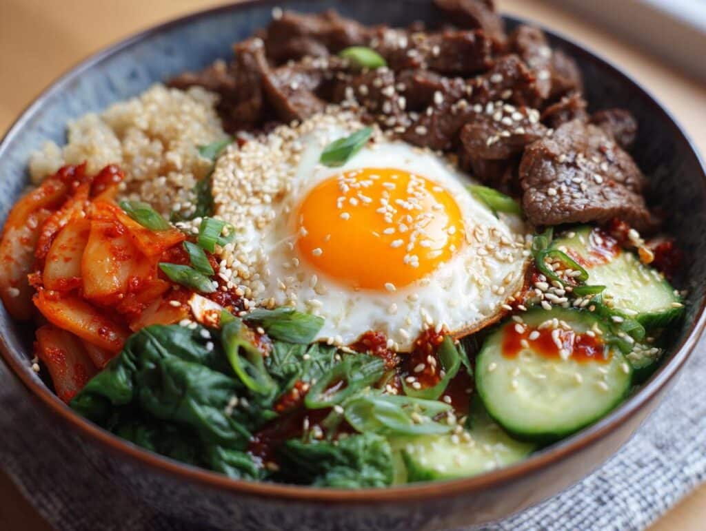 A colorful Bulgogi Bowl with Quinoa, featuring marinated beef, kimchi, spinach, cucumber, and a fried egg.