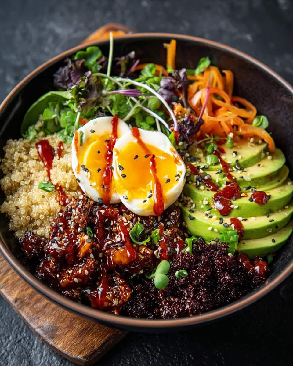 Bulgogi Bowls with Quinoa: A Ridiculously Easy Dinner 6 A vibrant Bulgogi Bowls with Quinoa, featuring bulgogi, quinoa, avocado, egg, and a drizzle of sauce.