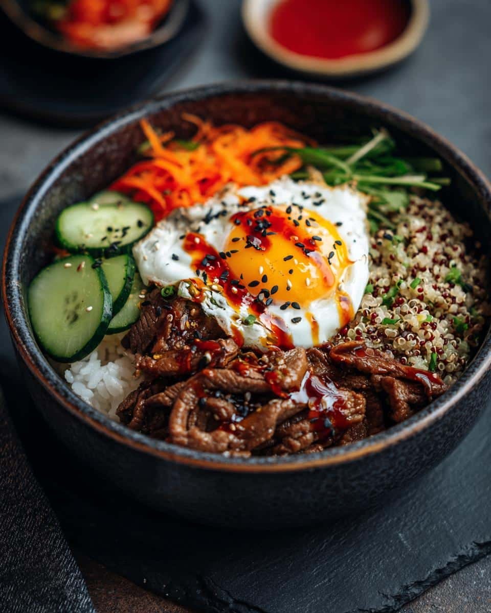 Bulgogi Bowls with Quinoa: A Ridiculously Easy Dinner 8 A vibrant Bulgogi Bowl with Quinoa, featuring marinated beef, a fried egg, and fresh vegetables.
