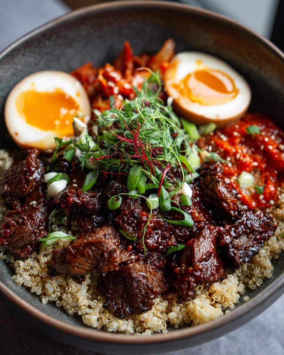 Bulgogi Bowls with Quinoa: A Ridiculously Easy Dinner 9 A flavorful Bulgogi Bowls with Quinoa, featuring marinated beef, soft boiled egg, kimchi, and greens.