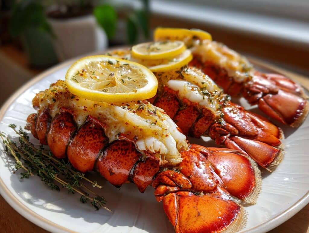 Three butter poached lobster tails on a plate, garnished with lemon slices and herbs. Ready to eat!