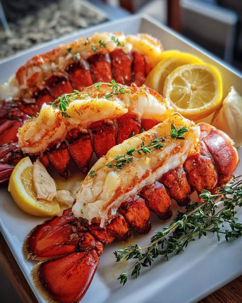 Butter Poached Lobster Tails: 15-Minute Decadence 6 Three butter poached lobster tails plated with lemon wedges and fresh thyme sprigs.