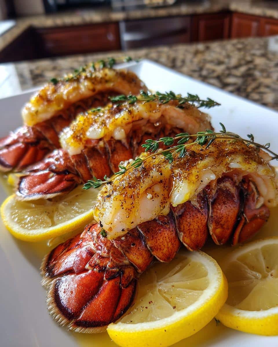 Butter Poached Lobster Tails: 15-Minute Decadence 8 Three butter poached lobster tails served on a white plate with lemon slices and garnished with fresh thyme.