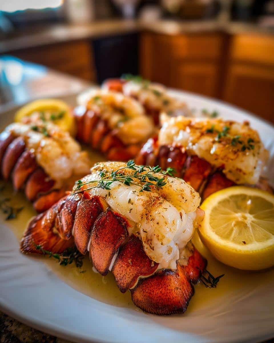 Butter Poached Lobster Tails: 15-Minute Decadence 9 Several Butter Poached Lobster Tails on a white plate, garnished with lemon slices and fresh herbs.