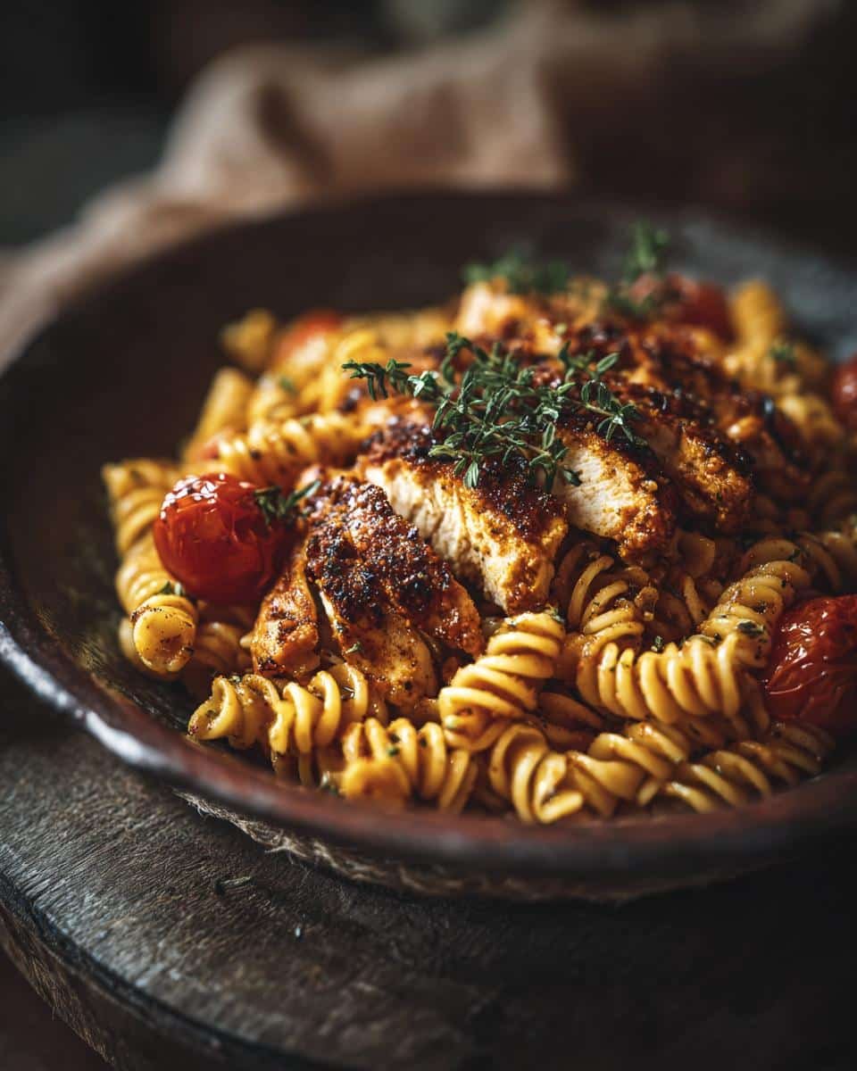 Cajun Garlic Chicken Rotini: 40-Minute Flavor Bomb 8 Close-up of Cajun Garlic Chicken Rotini in a bowl, garnished with thyme and roasted tomatoes.
