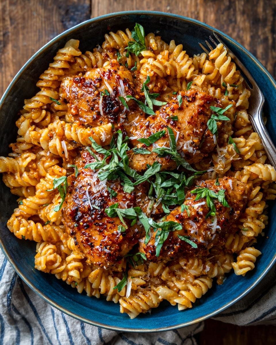 Cajun Garlic Chicken Rotini: 40-Minute Flavor Bomb 6 Overhead view of Cajun Garlic Chicken Rotini in a blue bowl, garnished with basil and parmesan.