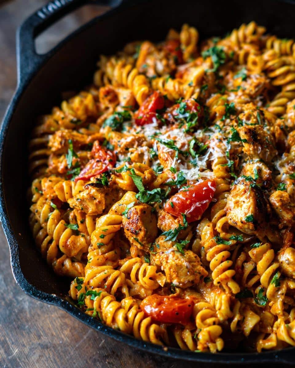 Cajun Garlic Chicken Rotini: 40-Minute Flavor Bomb 7 Close-up of Cajun Garlic Chicken Rotini in a cast iron skillet, garnished with parsley and parmesan.