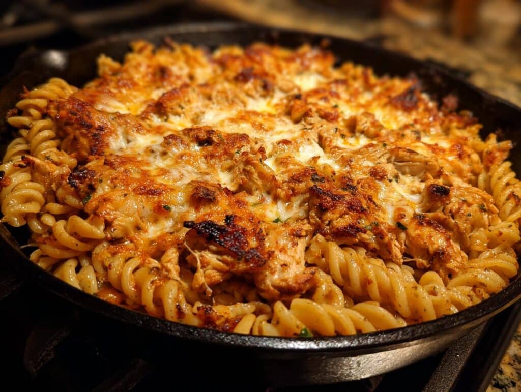 A skillet of cheesy Cajun Garlic Chicken Rotini, featuring rotini pasta, chicken, and a melted cheese topping.