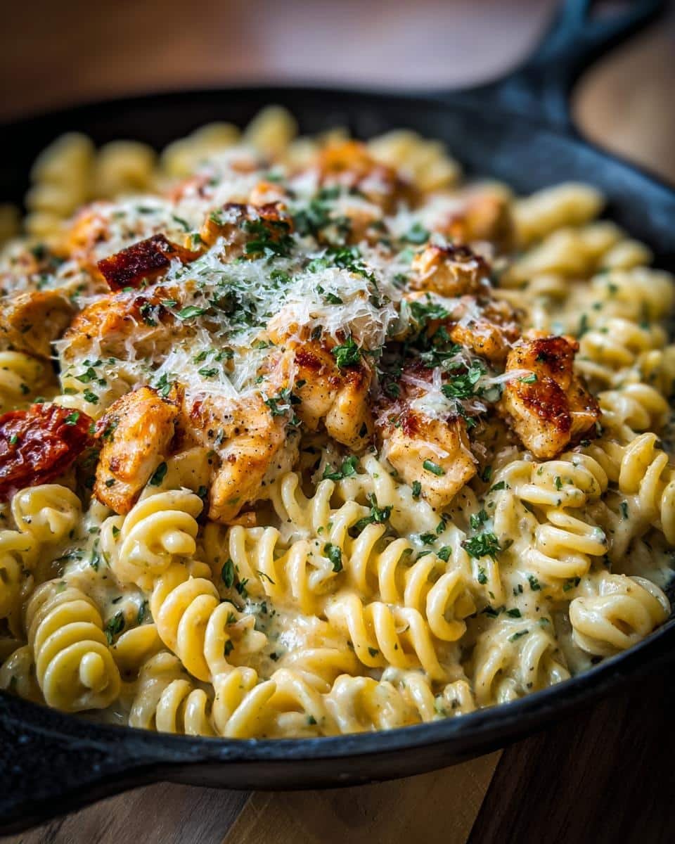 Cajun Garlic Chicken Rotini: 40-Minute Flavor Bomb 9 Close-up of Cajun Garlic Chicken Rotini in a skillet, topped with parmesan cheese and parsley.