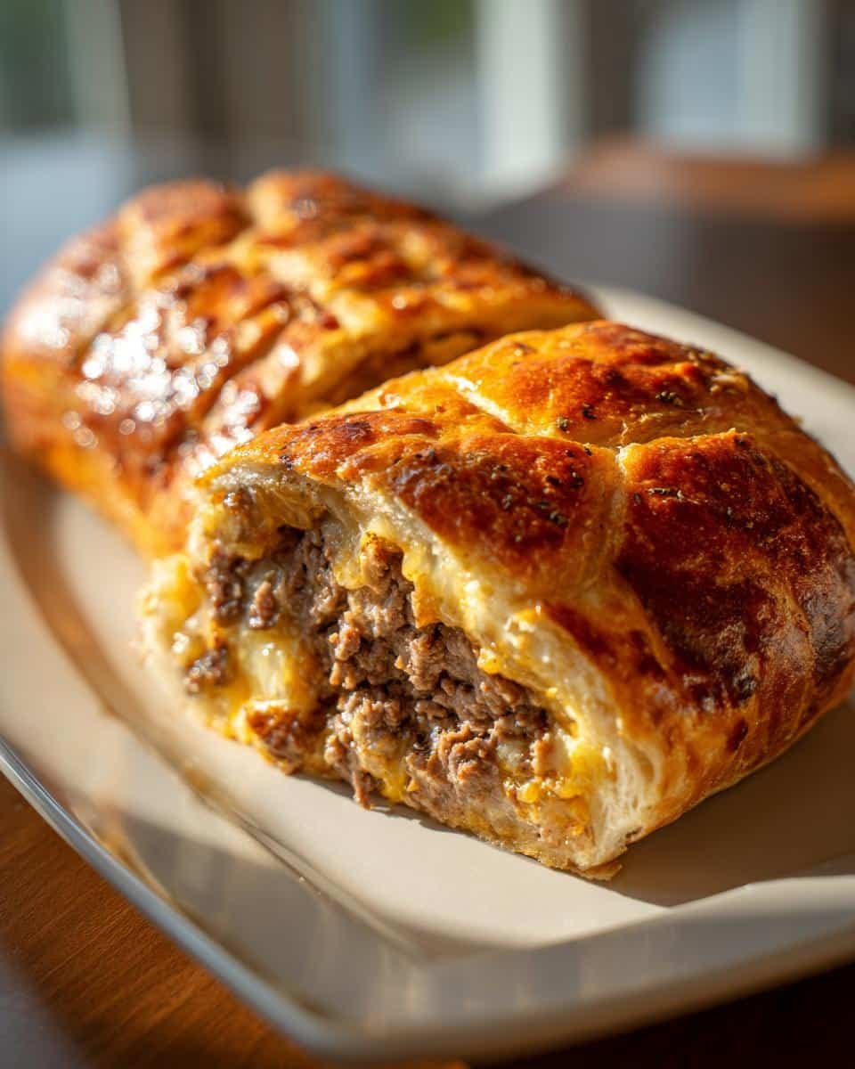 Devilish Cheesesteak Stuffed Garlic Loaf in 25 Minutes 6 A delicious Cheesesteak Stuffed Garlic Loaf cut open on a plate, showcasing the cheesy, meaty filling.