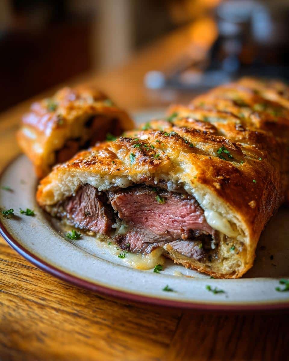 Devilish Cheesesteak Stuffed Garlic Loaf in 25 Minutes 9 Close-up of a sliced Cheesesteak Stuffed Garlic Loaf, showcasing the steak, melted cheese, and garlic-infused crust.