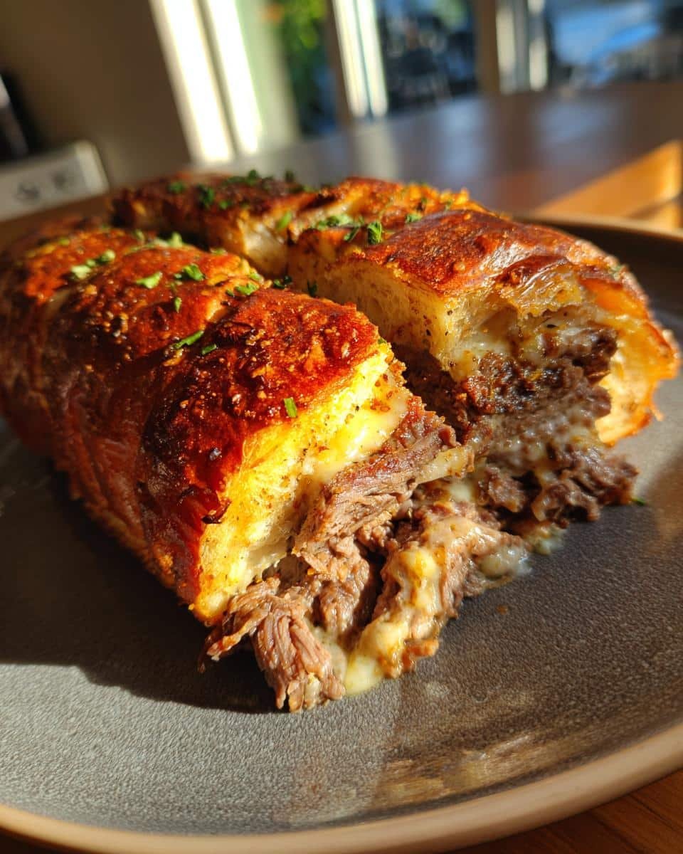 Devilish Cheesesteak Stuffed Garlic Loaf in 25 Minutes 8 A slice of Cheesesteak Stuffed Garlic Loaf on a plate, showcasing the cheesy beef filling and garlic-infused crust.