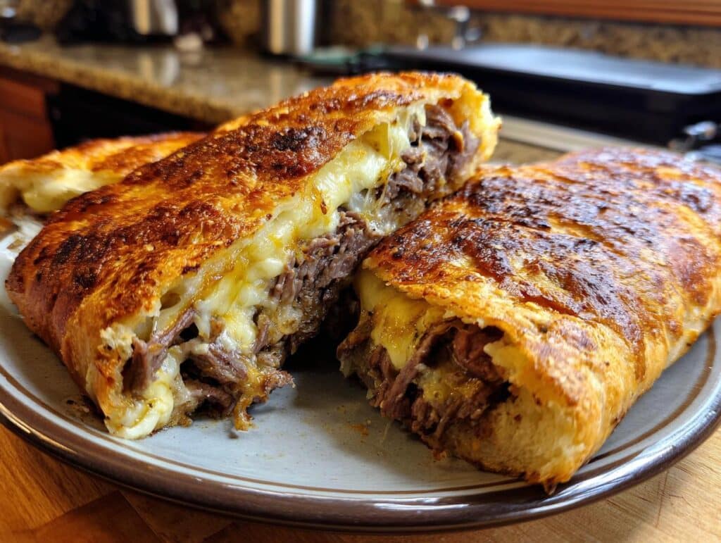 A sliced Cheesesteak Stuffed Garlic Loaf on a plate, showcasing the melted cheese and juicy steak filling.
