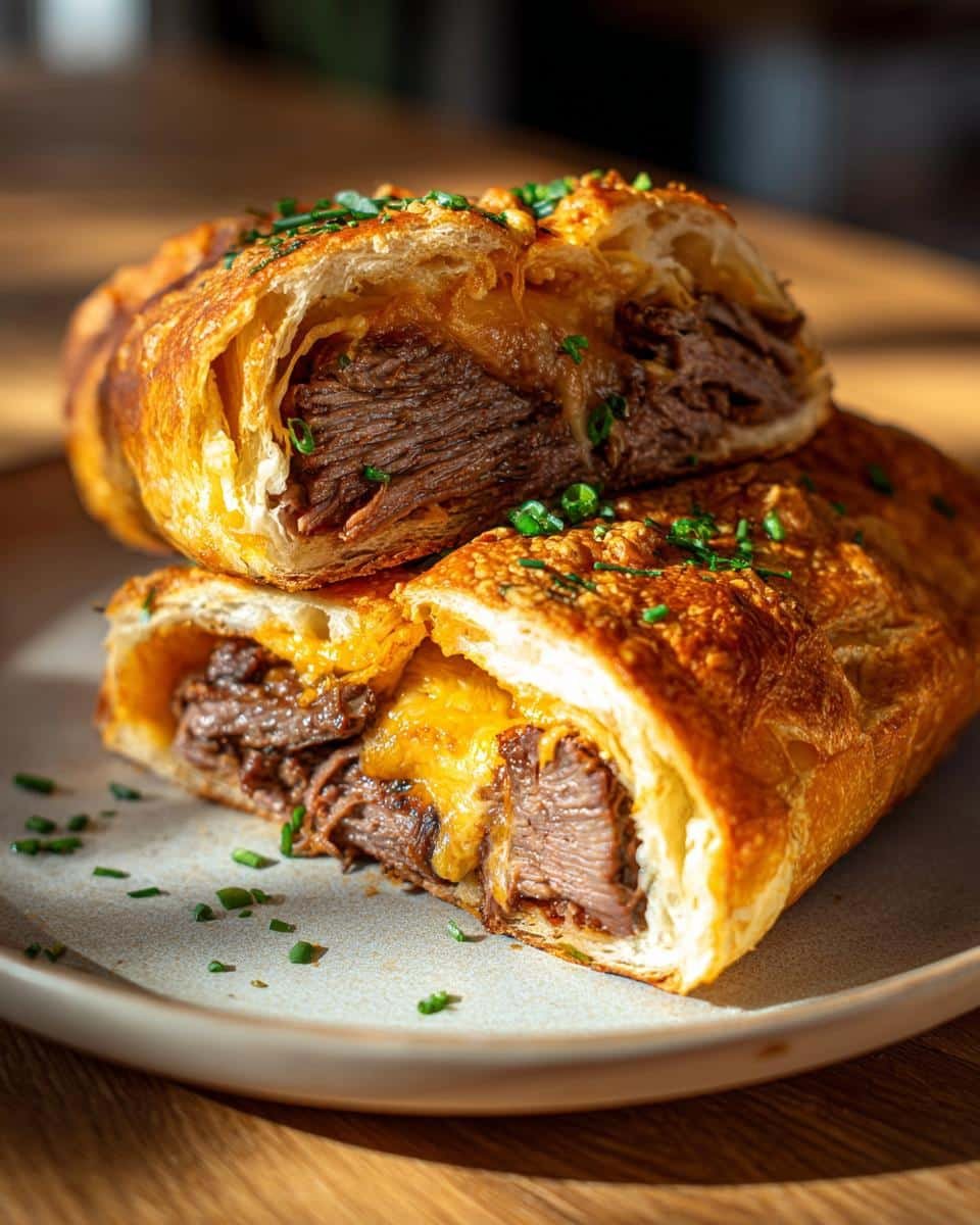 Devilish Cheesesteak Stuffed Garlic Loaf in 25 Minutes 7 Two slices of Cheesesteak Stuffed Garlic Loaf stacked on a plate, showcasing the beef and melted cheese filling.