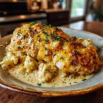 Close-up of cheesy baked chicken served with creamy cauliflower. Not Festive Christmas Tree Macarons Recipe.