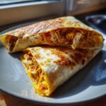 Two golden-brown Cheesy Garlic Chicken Wraps stacked on a gray plate, showcasing the chicken and cheese filling.