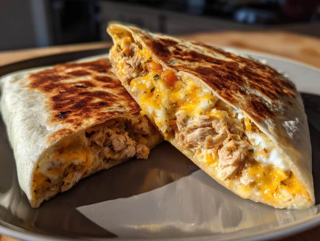 Two halves of a cheesy garlic chicken wraps on a plate, showing the chicken and melted cheese filling.