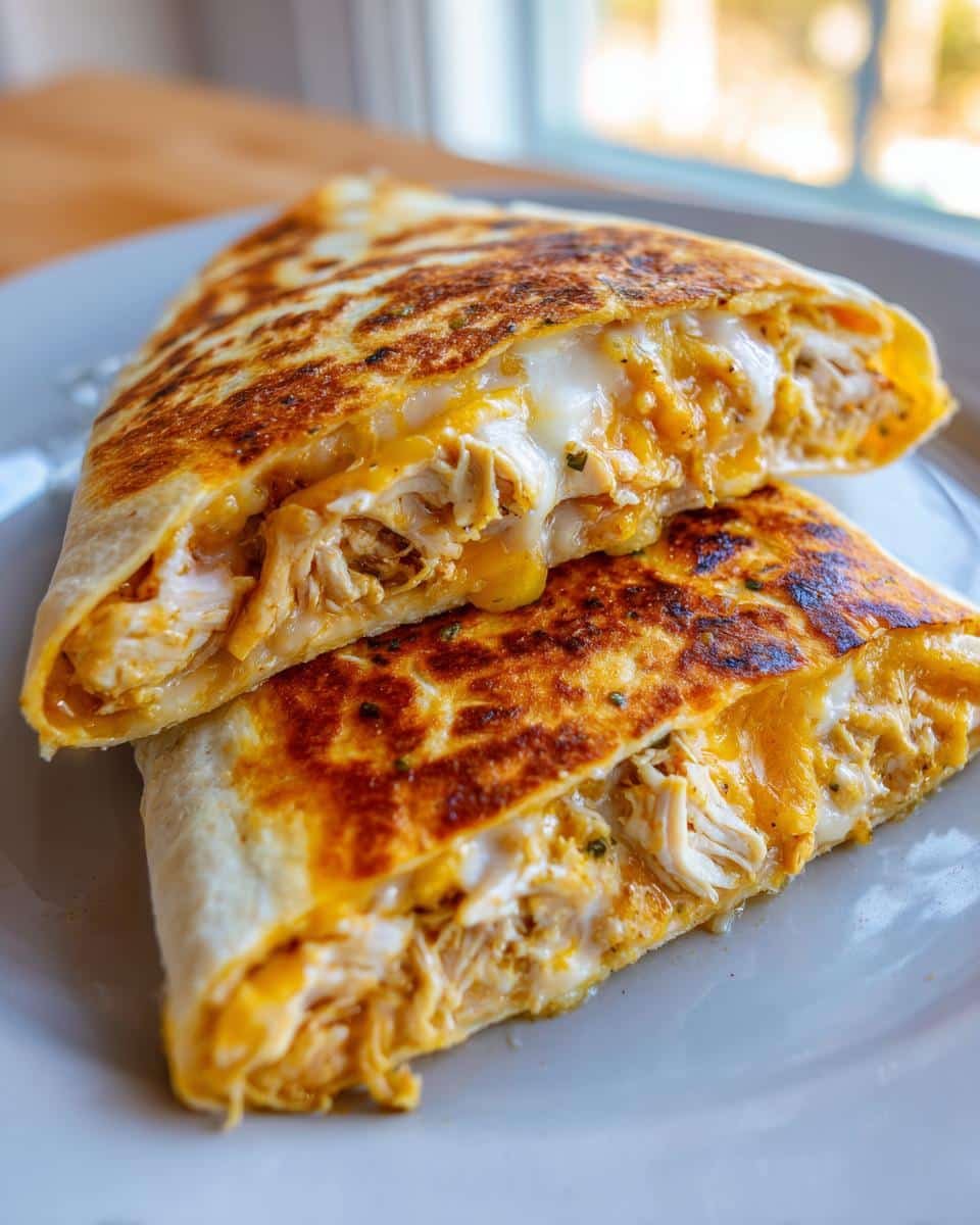 Cheesy Garlic Chicken Wraps: 20-Minute, Guilt-Free Meal 8 Two halves of a Cheesy Garlic Chicken Wraps stacked on a plate, showing the cheesy chicken filling.