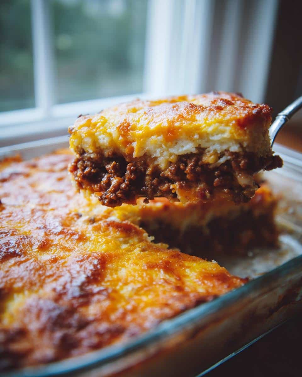 Devastating Cheesy Ground Beef Rice Casserole in 30 7 A slice of Cheesy Ground Beef Rice Casserole being lifted from a glass baking dish.