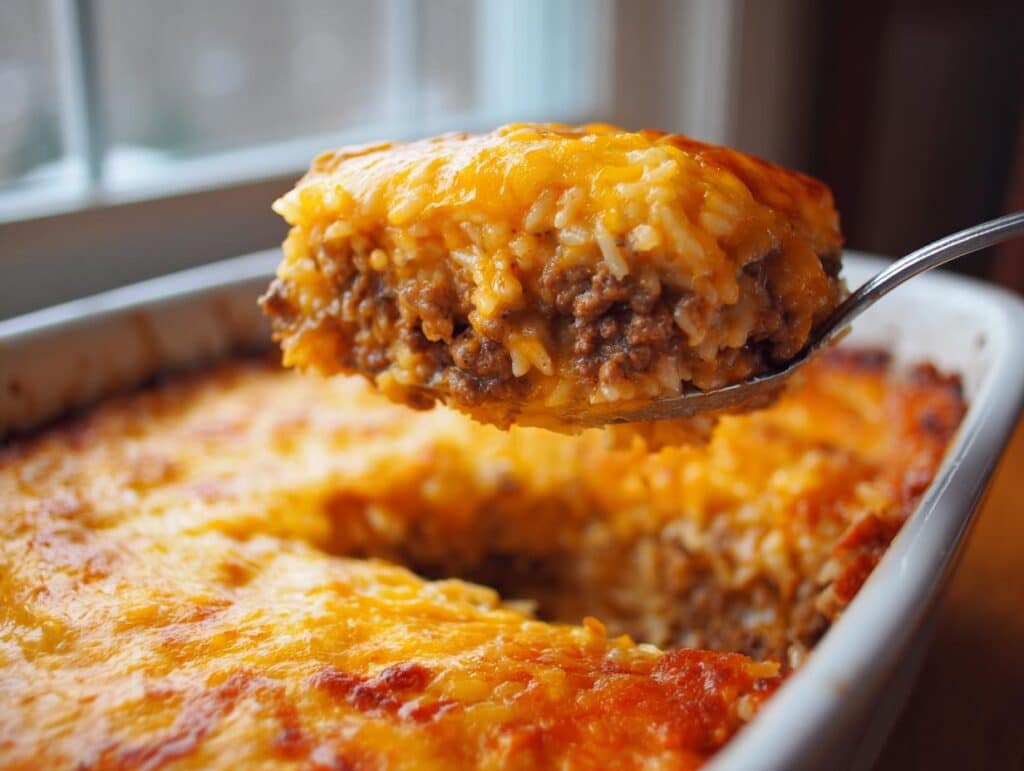 Spoonful of cheesy ground beef rice casserole being lifted from the baking dish, showcasing the layers.