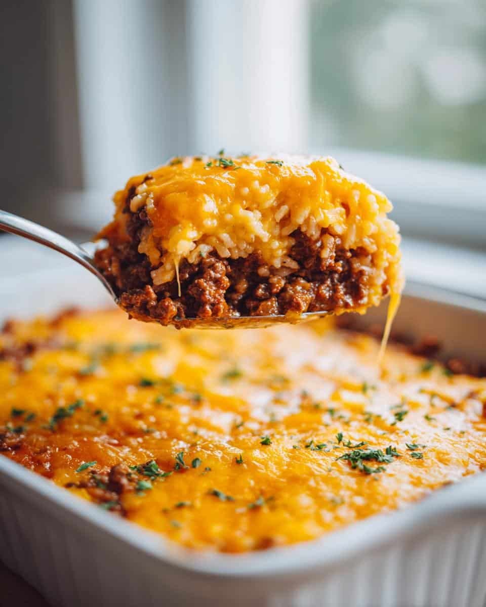 Devastating Cheesy Ground Beef Rice Casserole in 30 6 Spoonful of Cheesy Ground Beef Rice Casserole with melted cheese and parsley garnish.