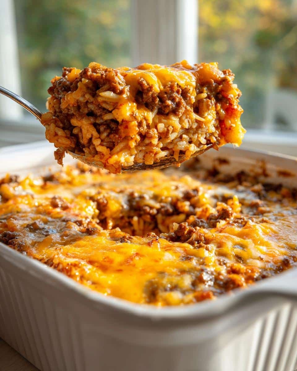 Devastating Cheesy Ground Beef Rice Casserole in 30 8 Spoon lifting a serving of cheesy ground beef rice casserole from a white baking dish.