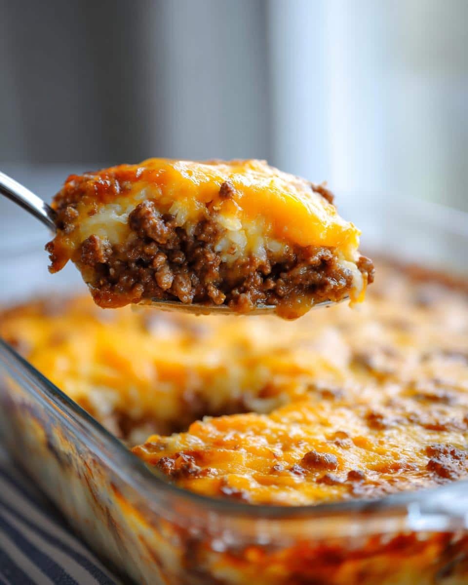 Devastating Cheesy Ground Beef Rice Casserole in 30 9 Spoonful of Cheesy Ground Beef Rice Casserole being lifted from a glass baking dish.