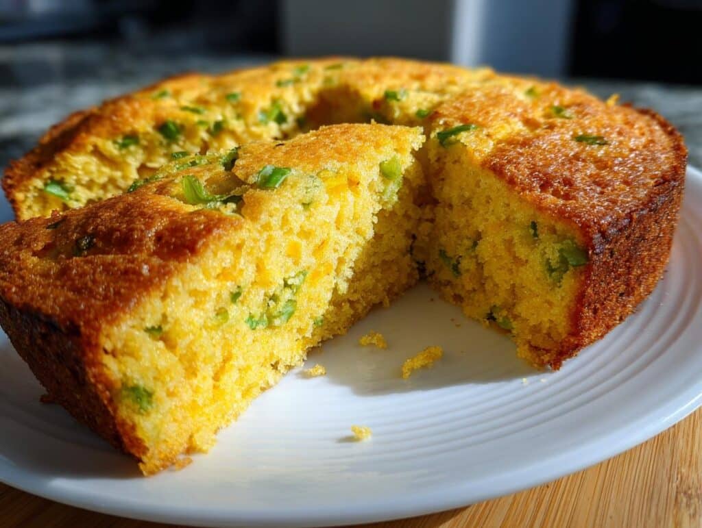 A freshly baked Cheesy Hatch Chile Cornbread Recipe with a slice cut out, showing the texture and spicy hatch chiles.
