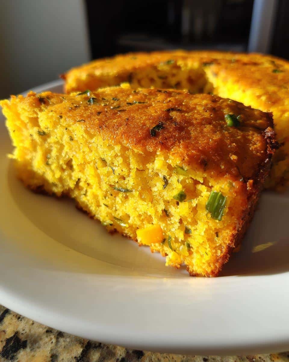 Devilish Cheesy Hatch Chile Cornbread: Bake at 375 6 A slice of Cheesy Hatch Chile Cornbread showing the texture and ingredients, like hatch chiles.